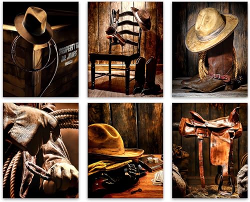 TOCDGOO Vintage Western Cowboy Wandkunst – Cowboyhut Stiefel Kunstdruck, Retro Bauernhaus Dekor – Western Cowboy Leinwand Poster für Männerhöhle Schlafzimmer Dekor – Set von 6 (20,3 x 25,4 cm von TOCDGOO