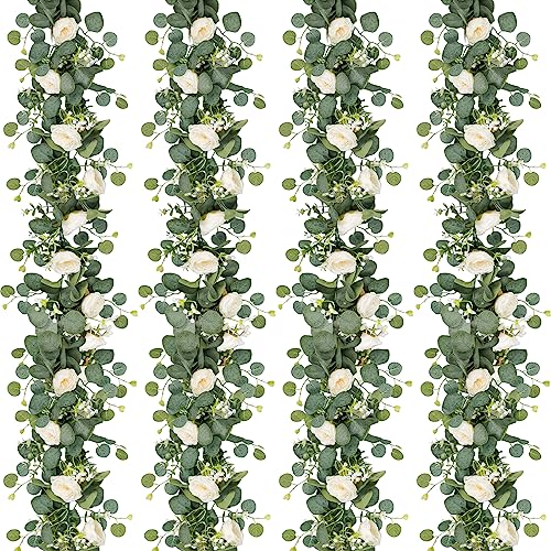 TOCHGREEN 4 Stück künstliche Eukalyptus-Blumengirlande mit weißen Rosen, künstliche Rosen, grüne Girlande, Florale Schleierkraut-Reben für Hochzeitsdekoration, Tischläufer, Dekoration (4 Stück) von TOCHGREEN