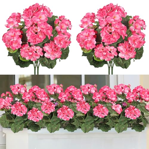 TOCHGREEN Künstliche Geranien für den Außenbereich, UV-beständig, künstlicher rosa Geranienstrauch, 2 Bündel, Kunstseide, Blumen für den Außenbereich, Zuhause, Hochzeit, Garten, Veranda, von TOCHGREEN