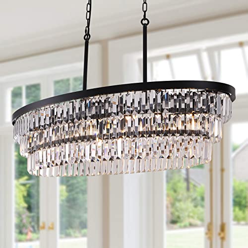 TOCHIC Kristallleuchter Schwarz Kronleuchter 6-Licht 102cm-lang Modern Kristall Pendelleuchte Esstisch Hängend Deckenleuchte Lüster Wohnzimmer Hängeleuchte Landhaus Hängelampe Oval von TOCHIC