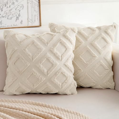 TOCOMOA 2 Stück Boho Kissenbezug 40x40 Beige - Flauschig Zierkissen Kissenbezüge aus Polyester, Dekorative Sofakissen Kissenhülle Gefühl in Wolle und Samt, Dekokissen Bezug für Sofa Schlafzimmer von TOCOMOA