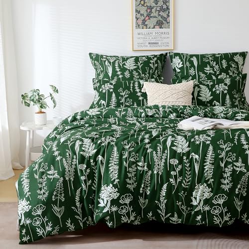 TOCOMOA Bettwäsche 200x200 Grün, Weiß Blumen und Blatt Bettwäsche-Set mit Reißverschluss, 1 Bettbezug 200x200 cm und 2 Kissenbezug 80x80 cm von TOCOMOA