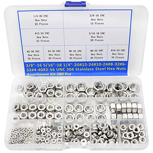 280 Stück #2-56 bis 3/8 Zoll 16 UNC 304 Edelstahl Sechskantmuttern Sortiment Kit von TOCYORIC