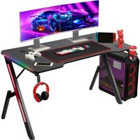 Todeco - 140 x 60cm Gaming Tisch mit led, Gaming Schreibtisch, pc Tisch Gaming mit Kohlefaseroberfläche, mit Kopfhörerhaken Getränkehalter Mauspad, von TODECO