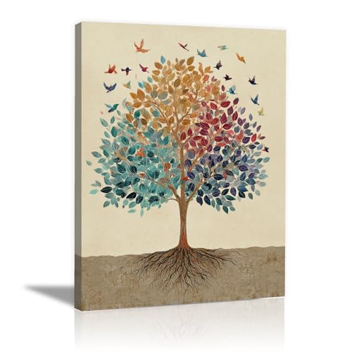 TODOAA Abstrakt Wohnzimmer Wanddeko Abstrakter bunter Blattbaum Baum Des Lebens Bild,Poster & Kunstdrucke Leinwand Gemälde Moderne Wand Für Die Bilder(Beige)-50x70cm Gerahmt von TODOAA