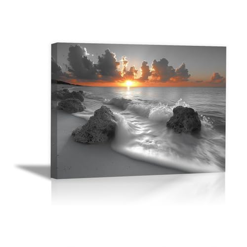 TODOAA Abstraktes Schwarz-weiß Leinwand Bilder Kunstdrucke, Strandlandschaft Kunst Wandbild Kunstdruck Wand - Wohnzimmer Deko - Kunst Modern Büro - 30x40cm Gerahmt(weiß) von TODOAA