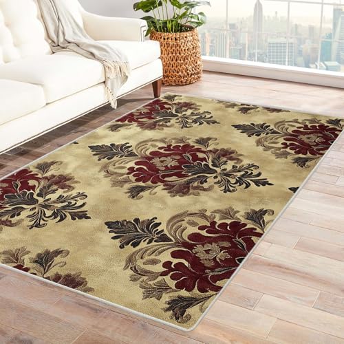 TODOAA Abstraktes Teppich Wohnzimmer Abstrakte Retro Blumen rutschfest Kurzflor Schlafzimmer Teppiche, Waschbar Minimalistisch für Kinderzimmer Büro Bereich(Beige)-210x270cm von TODOAA