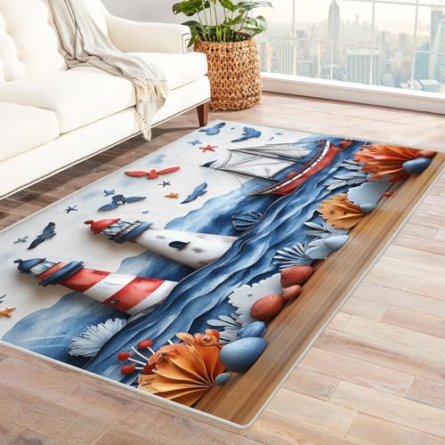 TODOAA Abstraktes Teppich Wohnzimmer Jungenzimmer Nautischer Ozean rutschfest Kurzflor Schlafzimmer Teppiche, Waschbar Minimalistisch für Kinderzimmer Büro Bereich(blau)-120x180cm von TODOAA