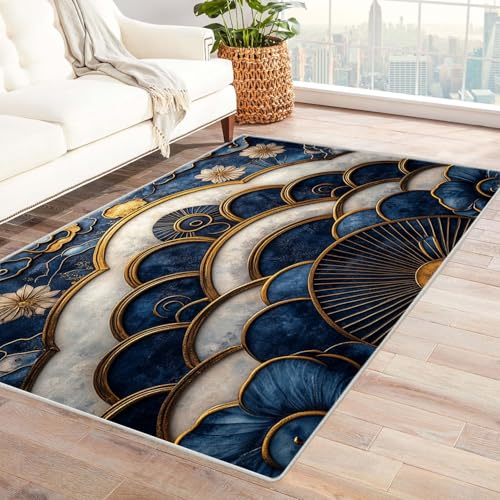TODOAA Abstraktes Teppich Wohnzimmer Moderne geometrische Blumen rutschfest Kurzflor Schlafzimmer Teppiche, Waschbar Minimalistisch für Kinderzimmer Büro Bereich(blau)-150x240cm von TODOAA