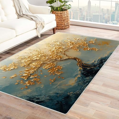 TODOAA Abstraktes Teppich Wohnzimmer Moderner Goldener Blattbaum rutschfest Kurzflor Schlafzimmer Teppiche, Waschbar Minimalistisch für Kinderzimmer Büro Bereich(Gold 9)-60x90cm von TODOAA