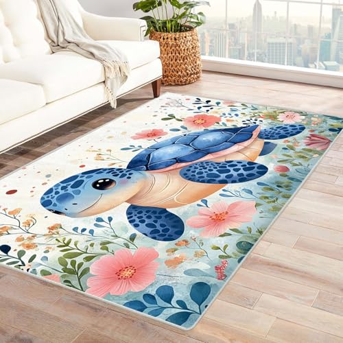 TODOAA Abstraktes Teppich Wohnzimmer Niedliche Meerestiere Blumen rutschfest Kurzflor Schlafzimmer Teppiche, Waschbar Minimalistisch für Kinderzimmer Büro Bereich(blau)-240x300cm von TODOAA