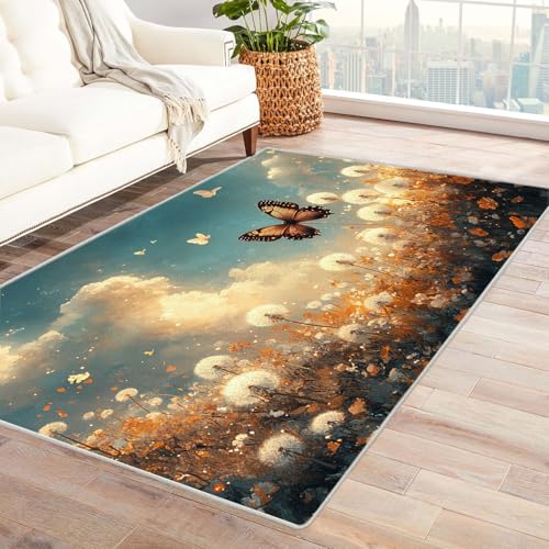 TODOAA Abstraktes Teppich Wohnzimmer Niedliche Tiere Und Blumen rutschfest Kurzflor Schlafzimmer Teppiche, Waschbar Minimalistisch für Kinderzimmer Büro Bereich(Gelb)-240x300cm von TODOAA