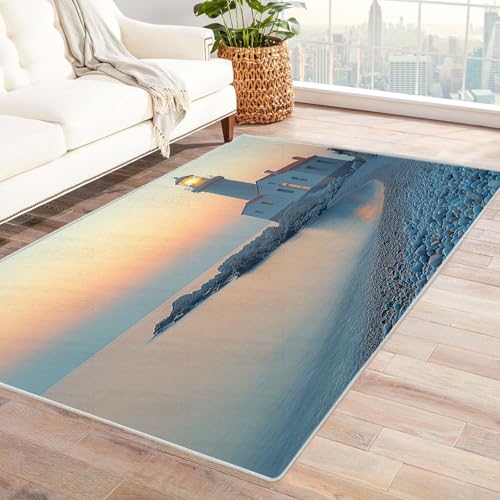 TODOAA Abstraktes Teppich Wohnzimmer Retro Strand Szenerie Sonnenuntergang rutschfest Kurzflor Schlafzimmer Teppiche, Waschbar Minimalistisch für Kinderzimmer Büro Bereich(grau)-180x240cm von TODOAA