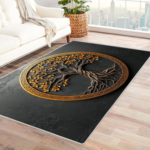 TODOAA Abstraktes Teppich Wohnzimmer Schwarz-weißer Baumteppich rutschfest Kurzflor Schlafzimmer Teppiche, Waschbar Minimalistisch für Kinderzimmer Büro Bereich(Gold 1)-180x270cm von TODOAA