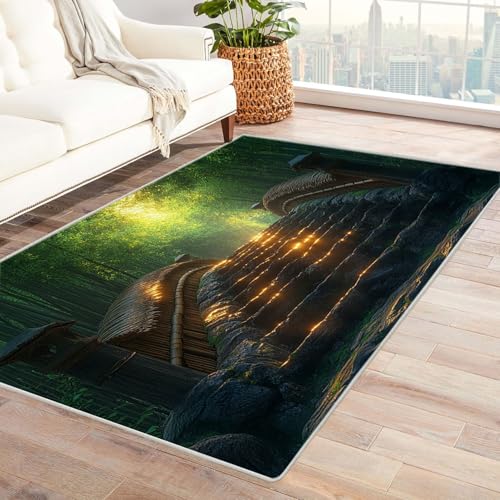 TODOAA Abstraktes Teppich Wohnzimmer Wunderschöne Naturkulisse rutschfest Kurzflor Schlafzimmer Teppiche, Waschbar Minimalistisch für Kinderzimmer Büro Bereich(Grün 25)-210x300cm von TODOAA