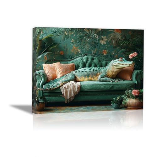 TODOAA Badezimmer Deko Poster Lustiges Krokodil Poster Badezimmer Bilder Badewanne -Modern Wandb ilder Leinwandbilder Wanddeko Bilder für Wohnzimmer(grün)-80x120cm Gerahmt von TODOAA