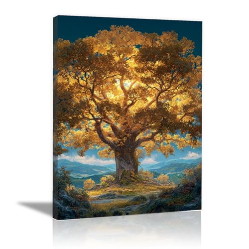 TODOAA Baum Des Lebens Wanddeko Leinwandbilder Natur Baum Kunstwerk Wandbild Abstraktes Wandbilder Heimbüro - Wohnzimmer Dekorationen Poster & Kunstdrucke(Gelb)-80x120cm Gerahmt von TODOAA