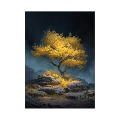 TODOAA Baum Des Lebens Wanddeko Wohnzimmer Graffiti Blühender Baum Bild Poster & Kunstdrucke -Abstrakte Leinwand Gemälde Bilder Moderne Wand Poster (Gelb)-30x40cm Ungerahmt von TODOAA