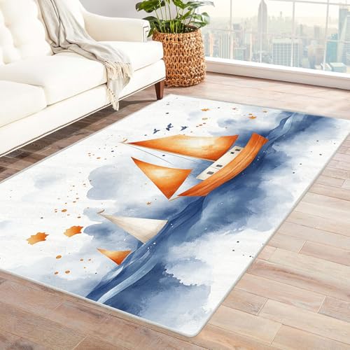 TODOAA Kinderzimmer Teppich Cartoon-Kurzflor Retro Jungen Zimmer Strand Waschbarer modernes Design, für Outdoor Balkon, Terrasse, Garten, Küche Weich Esszimmer Teppiche(Orange)-60x90cm von TODOAA