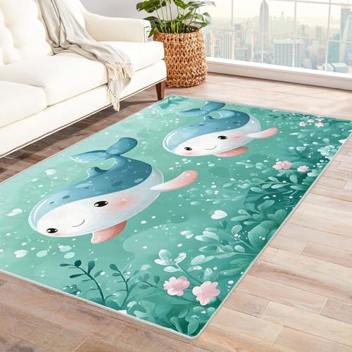 TODOAA Moderner Kuscheliger Wohnzimmer Teppich Niedliches Ozean-Delfin-Mädchen Kurzflor waschbar Weich zeitlos rutschfest pflegeleicht, für Kinderzimmer Büro Bereich(blau)-150x210cm von TODOAA