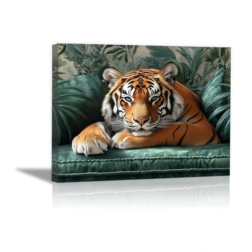 TODOAA Tier Wand Kunst Drucke Süßer Tiger Auf Dem Sofa Modern Schlafzimmer Wohnzimmer Leinwandbilder -Wandbild Kunstdruck Wand Bild auf Leinwand Badezimmer(braun)-60x90cm Gerahmt von TODOAA