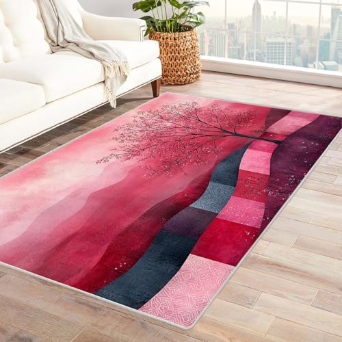 TODOAA Vintage Teppich Abstrakte Baumlandschaft Wohnzimmer Schlafzimmer Waschbarer Teppiche,Boho-Style, Esszimmer Kurzflor Outdoor Flauschiger rutschfest Teppiche(lila)-240x300cm von TODOAA