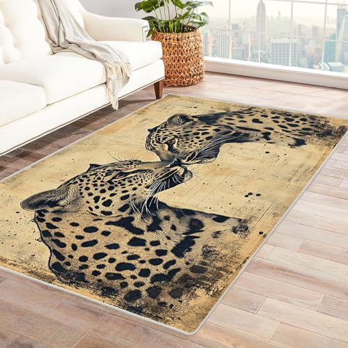 TODOAA Vintage Teppich Abstraktes Leopardenmuster Wohnzimmer Schlafzimmer Waschbarer Teppiche,Boho-Style, Esszimmer Kurzflor Outdoor Flauschiger rutschfest Teppiche(Beige)-150x240cm von TODOAA