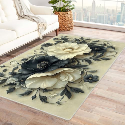 TODOAA Vintage Teppich Abstraktes weißes Blumenmuster Wohnzimmer Schlafzimmer Waschbarer Teppiche,Boho-Style, Esszimmer Kurzflor Outdoor Flauschiger rutschfest Teppiche(schwarz)-150x210cm von TODOAA