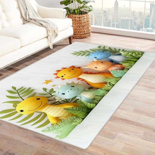 TODOAA Vintage Teppich Jungenzimmer Cartoon Tiere Wohnzimmer Schlafzimmer Waschbarer Teppiche,Boho-Style, Esszimmer Kurzflor Outdoor Flauschiger rutschfest Teppiche(grün)-240x300cm von TODOAA
