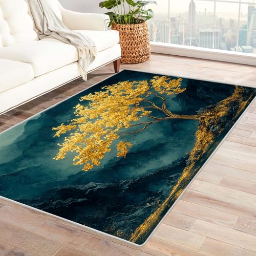 TODOAA Vintage Teppich Landschafts- und Baumteppich Wohnzimmer Schlafzimmer Waschbarer Teppiche,Boho-Style, Esszimmer Kurzflor Outdoor Flauschiger rutschfest Teppiche(Gold 70)-210x270cm von TODOAA