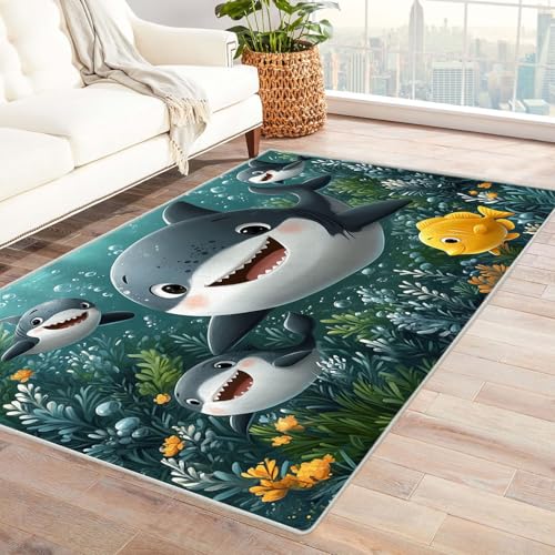 TODOAA Vintage Teppich Ocean Animals Zimmer für Jungen Wohnzimmer Schlafzimmer Waschbarer Teppiche,Boho-Style, Esszimmer Kurzflor Outdoor Flauschiger rutschfest Teppiche(blau)-180x270cm von TODOAA