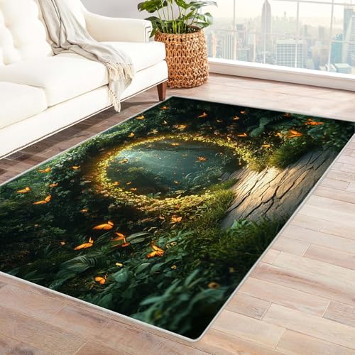 TODOAA Vintage Teppich Wald Naturszenerie Wohnzimmer Schlafzimmer Waschbarer Teppiche,Boho-Style, Esszimmer Kurzflor Outdoor Flauschiger rutschfest Teppiche(Grün 14)-210x270cm von TODOAA