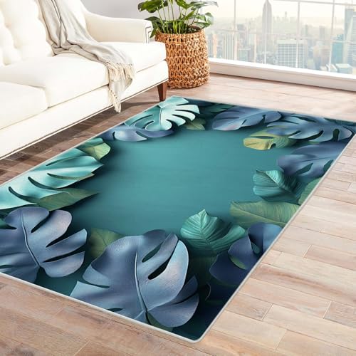 TODOAA Waschbarer Teppich Wohnzimmer Abstrakte Pflanzenblätter Groß Orientalischer, Vintage Kurzflor,für Schlafzimmer rutschfest Boho In & Outdoor Teppiche(grün)-90x150cm von TODOAA