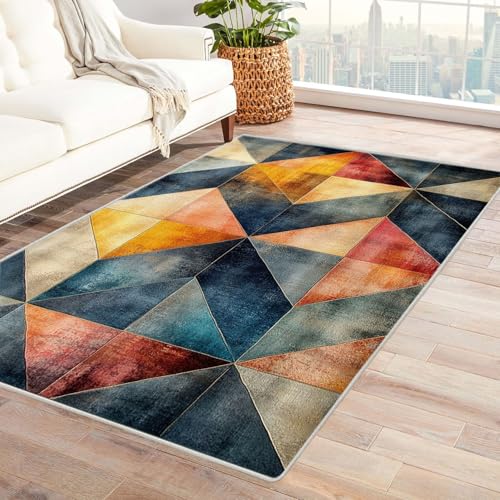 TODOAA Waschbarer Teppich Wohnzimmer Abstraktes geometrisches Muster Groß Orientalischer, Vintage Kurzflor,für Schlafzimmer rutschfest Boho In & Outdoor Teppiche(Orange)-60x90cm von TODOAA