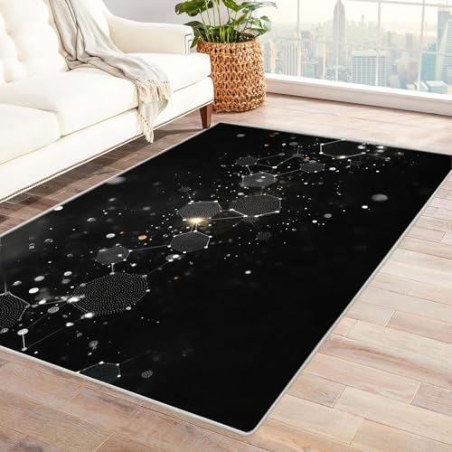 TODOAA Waschbarer Teppich Wohnzimmer Einfaches abstraktes Muster Groß Orientalischer, Vintage Kurzflor,für Schlafzimmer rutschfest Boho In & Outdoor Teppiche(schwarz)-90x150cm von TODOAA