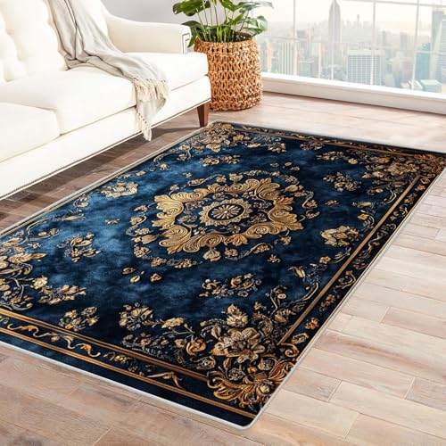 TODOAA Wohnzimmer Kurzflor Abstrakt Teppich Retro Schöne Blumen Flauschig Schlafzimmer Weich Esszimmer Teppiche, modernes Küche Waschbarer Teppiche, rutschfest(Gold 8)-210x300cm von TODOAA