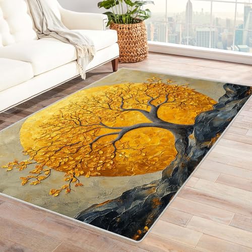 TODOAA Wohnzimmer Kurzflor Abstrakt Teppich Vintage blühender Baum Flauschig Schlafzimmer Weich Esszimmer Teppiche, modernes Küche Waschbarer Teppiche, rutschfest(Gold 16)-210x300cm von TODOAA