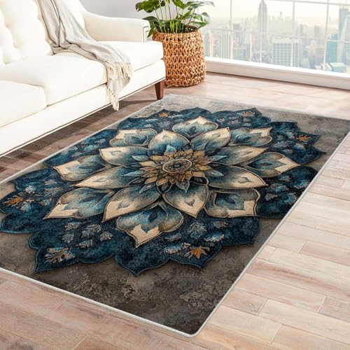 TODOAA Wohnzimmer Kurzflor Abstrakt Teppiche Abstrakte Retro Blumen für Kinderzimmer,Schlafzimmer, Esszimmer rutschfest Weich Modern Boho In & Outdoor Teppich Groß(blau)-210x270cm von TODOAA