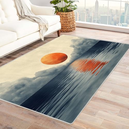 TODOAA Wohnzimmer Kurzflor Abstrakt Teppiche Abstrakter Sonnenuntergang am Meer für Kinderzimmer,Schlafzimmer, Esszimmer rutschfest Weich Modern Boho In & Outdoor Teppich Groß(Beige)-210x300cm von TODOAA
