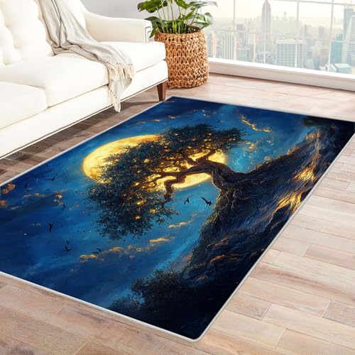 TODOAA Wohnzimmer Kurzflor Abstrakt Teppiche Herbst Einfacher Baum Muster für Kinderzimmer,Schlafzimmer, Esszimmer rutschfest Weich Modern Boho In & Outdoor Teppich Groß(Blau 43)-90x120cm von TODOAA