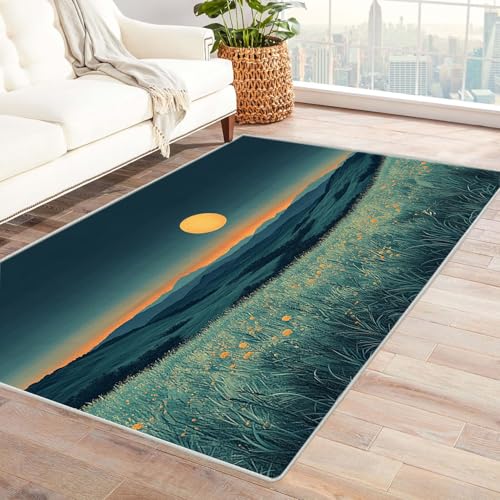 TODOAA Wohnzimmer Kurzflor Abstrakt Teppiche Natürliche Sonnenuntergangslandschaft für Kinderzimmer,Schlafzimmer, Esszimmer rutschfest Weich Modern Boho In & Outdoor Teppich Groß(grün)-240x300cm von TODOAA