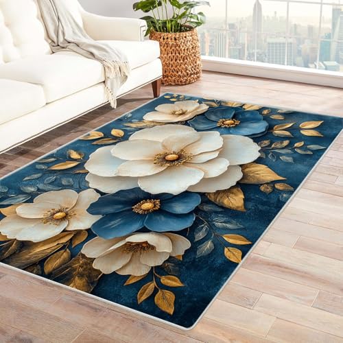TODOAA Wohnzimmer Kurzflor Abstrakt Teppiche Natürliche schöne Blumen für Kinderzimmer,Schlafzimmer, Esszimmer rutschfest Weich Modern Boho In & Outdoor Teppich Groß(Blau 1)-150x180cm von TODOAA
