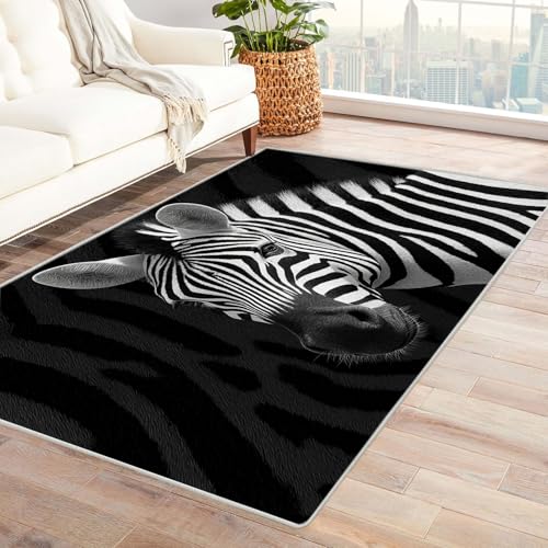 TODOAA Wohnzimmer Kurzflor Abstrakt Teppiche Niedliches Tier Zebra Muster für Kinderzimmer,Schlafzimmer, Esszimmer rutschfest Weich Modern Boho In & Outdoor Teppich Groß(schwarz)-150x180cm von TODOAA