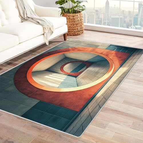 TODOAA Wohnzimmer Teppich, Waschbar Anti-Rutsch 3D Abstraktes Teppichmuster Moderne Kurzflor Shaggy Teppiche für Schlafzimmer & Kinderzimmer, Bettvorleger Matte(Orange)-90x150cm von TODOAA