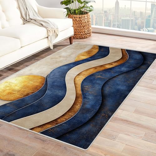 TODOAA Wohnzimmer Teppich, Waschbar Anti-Rutsch Abstrakter Sonnenuntergang in den Bergen Moderne Kurzflor Shaggy Teppiche für Schlafzimmer & Kinderzimmer, Bettvorleger Matte(blau)-210x270cm von TODOAA