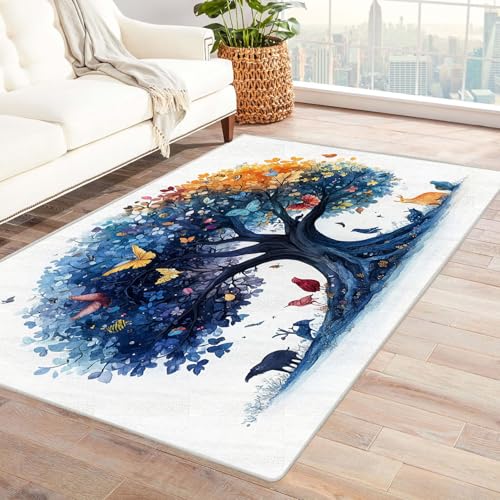 TODOAA Wohnzimmer Teppich, Waschbar Anti-Rutsch Bunter Graffiti Kreis Baum Moderne Kurzflor Shaggy Teppiche für Schlafzimmer & Kinderzimmer, Bettvorleger Matte(Blau 58)-150x210cm von TODOAA
