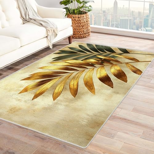 TODOAA Wohnzimmer Teppich, Waschbar Anti-Rutsch Goldgrünes Blattmuster Moderne Kurzflor Shaggy Teppiche für Schlafzimmer & Kinderzimmer, Bettvorleger Matte(Grün 50)-90x120cm von TODOAA