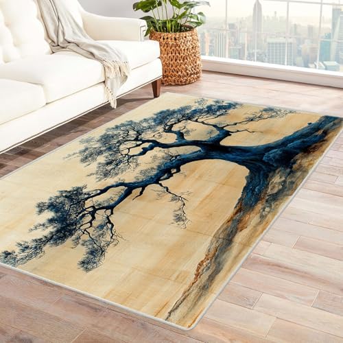 TODOAA Wohnzimmer Teppich, Waschbar Anti-Rutsch Nachtbaum Teppichmuster Moderne Kurzflor Shaggy Teppiche für Schlafzimmer & Kinderzimmer, Bettvorleger Matte(Blau 10)-90x120cm von TODOAA