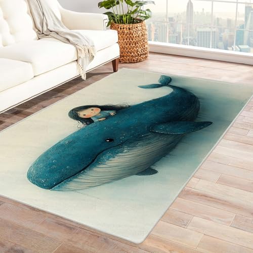 TODOAA Wohnzimmer Teppich, Waschbar Anti-Rutsch Niedliches Mädchen Delfinmuster Moderne Kurzflor Shaggy Teppiche für Schlafzimmer & Kinderzimmer, Bettvorleger Matte(blau)-210x300cm von TODOAA