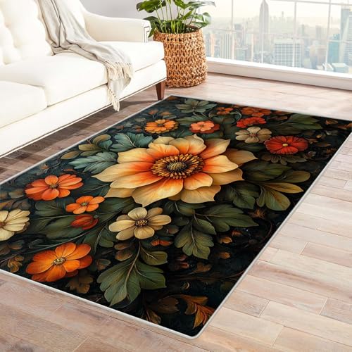 TODOAA Wohnzimmer Teppich, Waschbar Anti-Rutsch Retro Abstrakte Blumen Moderne Kurzflor Shaggy Teppiche für Schlafzimmer & Kinderzimmer, Bettvorleger Matte(Orange 8)-120x150cm von TODOAA